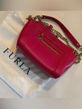Furla Hot Pink Leather Crossbody with Gold Chain w/ Furla Dust Bag